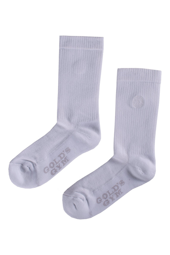 pair of white golds gym socks with gold's gym text on underside of foot