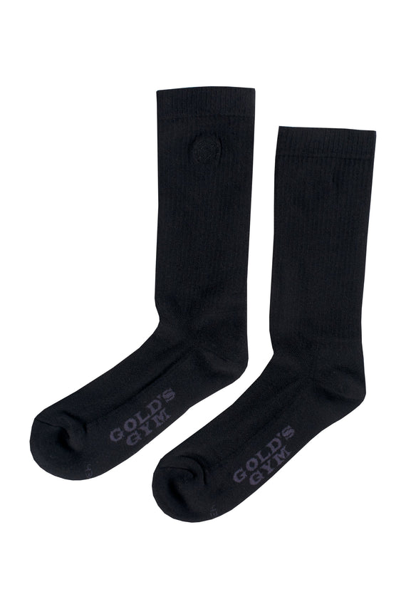 pair of black golds gym socks with gold's gym text on underside of foot