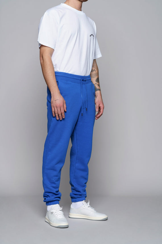 angled front view of blue fleece jogger