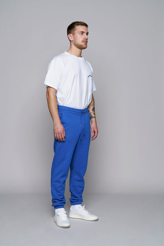 angled view of blue fleece jogger