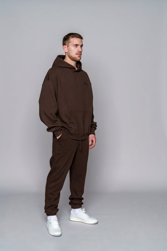 angle view of brown oversize heavy weight hoodie