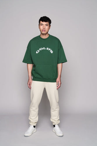 front view of green short sleeve sweatshirt with white golds text on chest