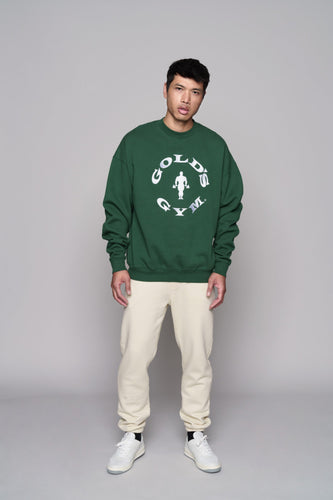 green golds gym sweatshirt with golds gym logo in white