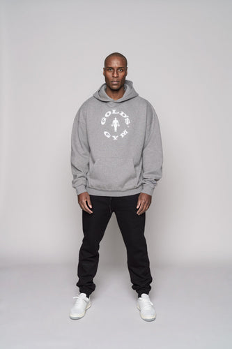 oversize grey heavyweight hoodie with white golds gym logo on front