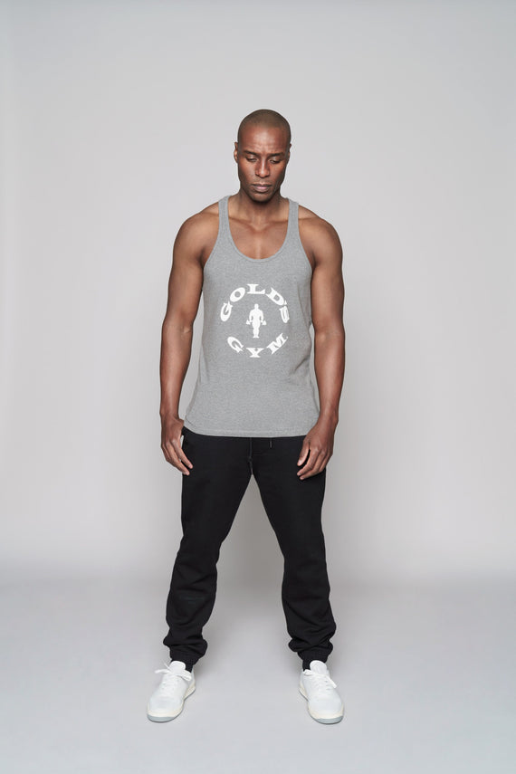 front of grey tank with golds gym logo