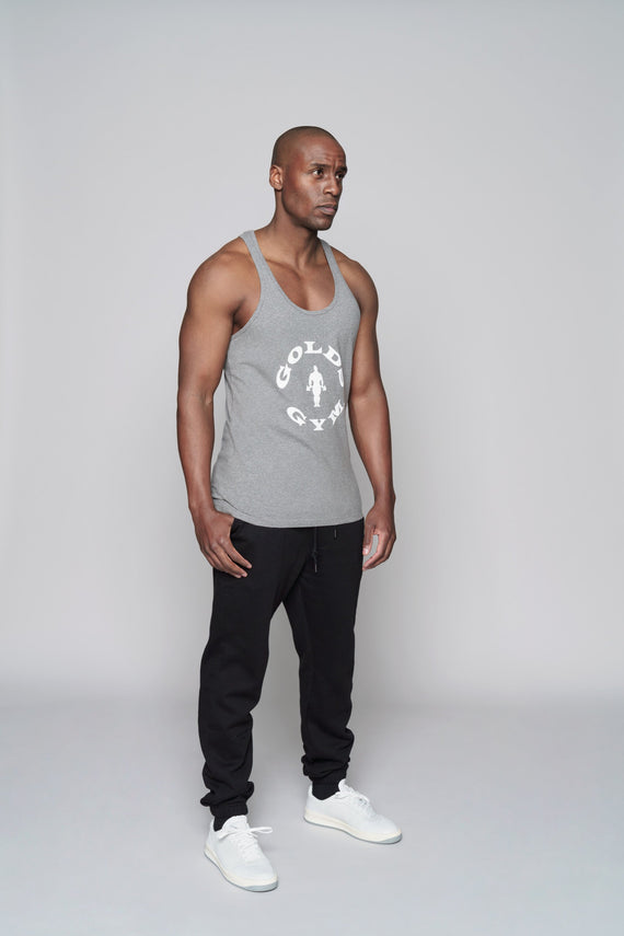 angled front view of grey tank with golds gym logo